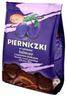 Gingerbreads coated with dark  chocolate , Plum, apple, strawberry taste