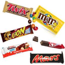 Kinder Bueno, Snickers, Mars Chocolate, Twix, Kitkat, Bounty, Nutella
