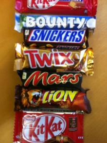 Chocolate bars, Snickers,  Mars ,  Bounty  Twix, Kitkat,Nutella